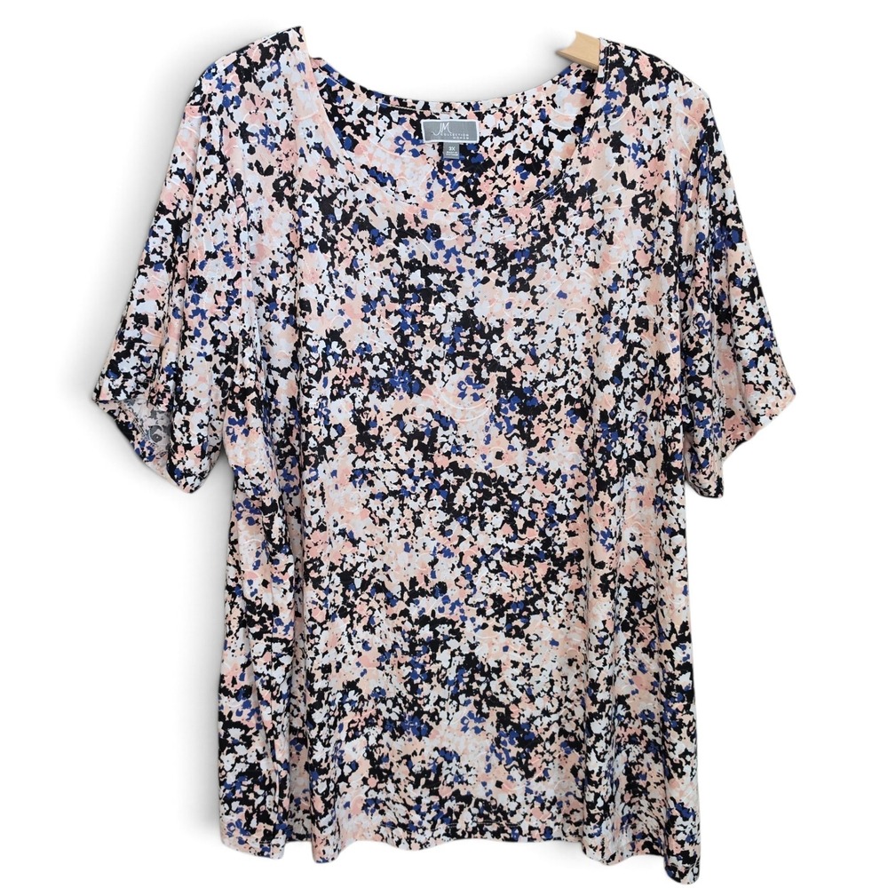 JM Collection Top Women 3X Plus Pink Blue Black Abstract Rhinestone Short Sleeve